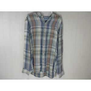 Tommy Bahama Shirt L Blue Plaid Madras Linen Button Up Long‎ Sleeve Lounge Beach